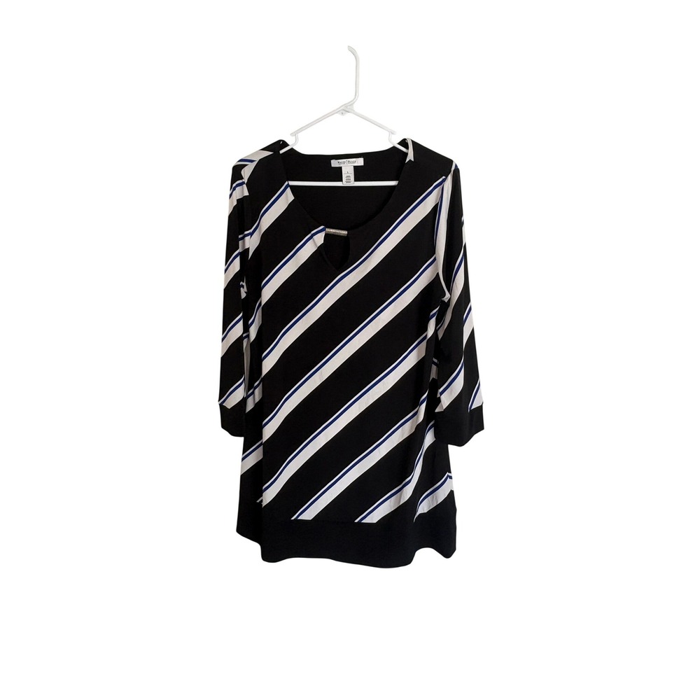 White House Black Market Striped Tunic Top Black Blue White Keyhole 3/4 Sleeve L